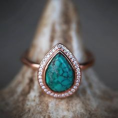 Pear Shaped Turquoise Engagement Ring on Rose Gold Band. Handcrafted by Staghead Designs. Turquoise Engagement Ring, Antler Wedding Band, Turquoise Ring Engagement, Wood Wedding Band, Staghead Designs, Custom Wedding Band, Antique Engagement Ring, Custom Wedding Rings, Wedding Rings Halo