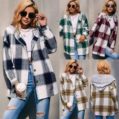 Houndstooth Stitching Long Sleeve Pullover Women's Office Top - Burgundy,XL Green Plaid Jacket, Woolen Coat Woman, Winter Green, Middle Age Fashion, Women Streetwear, Plaid Outfits, Long Coat Women, Cardigan Sweater Coat, Cardigan Sweater Dress