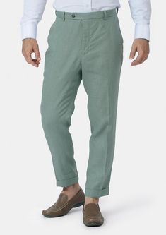 Be the center of attention in the fashionable Jade Green Linen Pants. Made with 100% linen, perfect for those warm, breezy summer days while making a bold statement. Unique and stylish, these custom pants are sure to turn heads! Summer Chinos With Wide Leg And Welt Pockets, Summer Wide Leg Chinos With Welt Pockets, Summer Elegant Ankle-length Chinos, Elegant Summer Ankle-length Chinos, Summer Straight Leg Dress Pants, Cotton Straight Leg Summer Dress Pants, Casual Linen Dress Pants, Fitted Straight Leg Chinos For Summer, Summer Cotton Dress Pants, Straight Leg