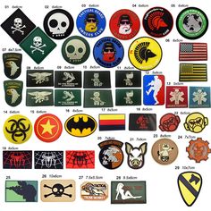 many different patches and emblems are shown