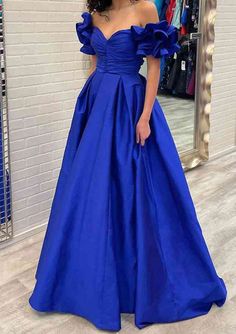 STACEES is professional designer and manufacturer online for made to order Ball Gown Off-the-Shoulder Short Sleeve Taffeta Sweep Train Prom Dress With Pleated Ruffles (S10236335P), more new style,more best CHOICE! Blue Satin Prom Dress, Royal Blue Evening Gown, Extra Heels, Sweep Train Prom Dress, Blue Evening Gowns, Simple Prom Dress, Formal Dresses With Sleeves, Satin Evening Dresses, Mode Abaya