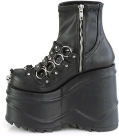 6" Wedge Platform Stretch Ankle Boot, Inside Zipper - Fit Guide: True To Size - Heel Specifications: 6" Wedge Platform - Country of Origin: Imported - Brand: Demonia Emo Boots, Hologram Shoes, Demonia Boots, Alternative Shoes, Demonia Shoes, Pink Platforms, Black Platform Boots, Black Platform, Vegan Shoes