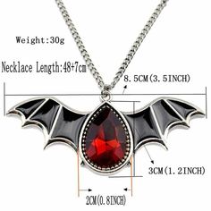 Crystal Vampire Bat Necklace – Wyvern's Hoard Vampire Style Necklaces For Halloween Cosplay, Vampire Style Necklace For Halloween, Gothic Red Jewelry For Halloween, Red Gothic Jewelry For Halloween, Gothic Red Necklace For Cosplay, Red Gothic Necklace For Cosplay, Black Vampire Pendant Jewelry, Black Vampire Style Pendant Jewelry, Bat Necklace