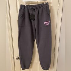 White Fox Boutique Offstage Sweatpants Size Xl -New With Tags -Never Been Worn -Volcanic Color: Grey With Lilac Puffy Letters White Fox Pants, Whitefox Boutique Outfit, White Fox Sweatpants, Pink Sweatpants Outfit, 2025 Wishlist, Puffy Letters, Light Blue Sweatpants, Colored Sweatpants, Cutesy Outfits