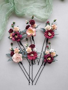 This set burgundy flower hair pins wedding , of artificial flowers This a beautiful and delicate hair accessory for brides and a nice gift to the bridesmaids   On the wedding day, every bride wants to look fantastic. This flower hair piece , will be a magical addition to your look on your happiest day.  This will emphasize the ease of your image.  The comb is very conveniently attached to the hair and fits in with any hairstyle.  -Material- artificial pearl and artificial greenery  -Colors-  burgundy, rust, green, white - Unique handmade.  Wedding - is one of the most important events in the life of any girl I am happy to try to make the most beautiful decoration for you, to make you feel the most beautiful bride. You deserve the best! Flower Accessories For Hair, Orange Burgundy Wedding, Burgundy Wedding Hair, Flower Hair Pins Wedding, Flower Hair Piece, Hair Pins Wedding, Flower Hair Pins, Floral Hair Pieces, Flower Hair Pieces