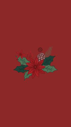 a red background with holly and poinsettia