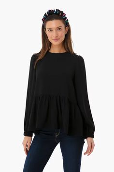 Black Carlota Peplum Blouse | Do+Be Chic Long Sleeve Peplum Top With Ruffle Hem, Fall Workwear Blouse With Ruffle Hem, Chic Peplum Top With Ruffle Hem For Fall, Chic Fall Peplum Top With Ruffle Hem, Chic Tops With Ruffle Hem And Lantern Sleeves, Fall Peplum Top With Ruffles And Puff Sleeves, Casual Long Sleeve Peplum Top With Ruffle Hem, Fall Peplum Top With Puff Sleeves And Ruffles, Fall Peplum Top For Work