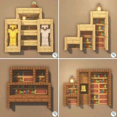 four different views of a room with bookshelves and shelves made out of legos