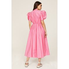 Pink cotton (100% Cotton). A-line. Short sleeves. V-neck. Back zipper closure. 55" from shoulder to hemline. Made in the USA of imported fabric. Cotton A-line Maxi Dress With Ruffles, Cotton V-neck Dress With Ruffles, Feminine A-line V-neck Dress For Spring, Spring Cotton V-neck Dress With Short Sleeves, Spring Cotton Midi Dress For Daywear, Cotton Maxi Dress With Puff Sleeves For Daywear, Chic V-neck Cotton Maxi Dress, Spring Cotton Midi Dress With Puff Sleeves, Chic Cotton Puff Sleeve Dress With Ruffles