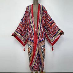 Knitted Sweater Kimono – Robe Kimono One Size Long Cardigan For Vacation, Fitted Long Casual Kimono, Red Cardigan For Fall Vacation, Red Spring Cardigan For Vacation, One Size Long Casual Kimono, Red Cardigan For Spring Beach Outings, Red Cardigan For Beach In Spring, Casual Long Multicolor Kimono, Casual Multicolor Long Kimono