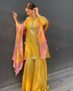 Buy Indian Pakistani Yellow Haldi Gharara Palazo Gota Work Kurta Online in India - Etsy Haldi Gharara, Yellow Dress For Haldi Function, Dress For Haldi Function, Wedding Gharara, Haldi Dress Ideas, Mayon Dresses, Haldi Dress, Mehndi Outfit, Embroidered Sharara