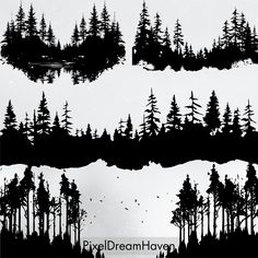 the silhouettes of trees are shown in black and white