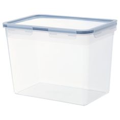 a plastic storage container with blue lid and handles on the bottom is shown in front of a white background