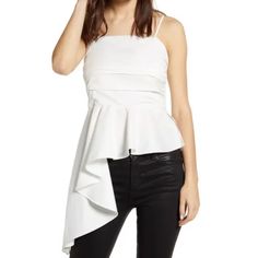 Length: Longest Side- 35”, Shortest Side- 22”. Bust Area Across Front- 16 1/2”. Waist Across Front- 14”. Elegant Asymmetrical Top With Ruffles, Elegant Asymmetrical Ruffled Tops, Chic Fitted Peplum Top With Ruffle Hem, Spring Asymmetrical Blouse With Ruffles, Fitted Blouse With Asymmetrical Hem For Day Out, White Party Top With Ruffle Hem, White Ruffle Hem Top For Party, White Top With Ruffle Hem For Party, Fitted White Peplum Top With Ruffles