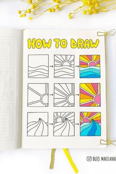 an open book with instructions for how to draw on it and yellow flowers in the background