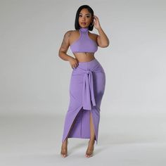 Style: Sexy Fit: Slim Fabric: Polyester Pattern: Solid Element: Backless,Tie Neckline: Turtle/High Neck Sleeve Type: Others Sleeve Length: Sleeveless Rise: High Rise Main Composition: Polyester Top Length (Set): Crop Skirt Length (Set): Midi Season: Summer Sleeveless Summer Club Sets, Purple Sleeveless Crop Top For Night Out, Sleeveless Purple Crop Top For Night Out, Chic Sleeveless Halter Top For Club, Sleeveless Sets For Date Night, Fitted Sleeveless Purple Halter Top, Sleeveless Two-piece Set For Night Out, Sleeveless Two-piece Crop Top For Party, Sleeveless Crop Top For Date Night