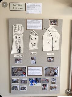 a bulletin board with pictures and drawings on it in front of a door that says families & homes