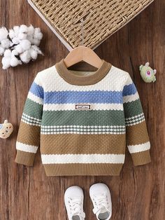 Sweaters Baby Boy Knitted Pullover Round Neck Thickened Sweater Long Sleeve Warm Color Blocking Striped Fashion Baby Boy Girl Casual Daily Outfitting Vacation Autumn Winter Green Blue White Brown Patchwork Suitable For Autumn Winter Suitable For Home Suitable For Outgoing Suitable For Vacation Multicolor   Long Sleeve Knitwear Geometric,Letter Pullovers Slight Stretch  Baby Boys Clothing, size features are:Bust: ,Length: ,Sleeve Length: Crochet Sweater Design, Baby Boy Sweater, Baby Sweater Patterns, Winter Green, Pull Bebe, Baby Boy Knitting, Boys Knits, Boys Sweaters, Baby Boy Fashion