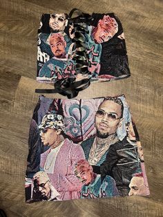 two pieces of clothing with pictures of people on them