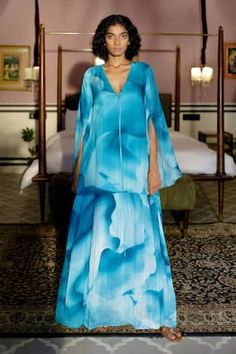 Teal blue silk dress with abstract motif digital print, loop detailing at neck, gathered tier and overlapped panel flared sleeve. - Aza Fashions Rhea Kapoor, Mira Rajput, Daphne Dress, Sanya Malhotra, Parineeti Chopra, Blue Silk Dress, Tarun Tahiliani, Indian Designer Wear, Designer Wear