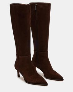 LUCID Brown Suede Pointed Toe Kitten Heel Boot | Women's Boots – Steve Madden Boots For Petite Women, Kitten Heel Boots, Madden Boots, Brown Suede Boots, Steve Madden Boots, Heel Boot, Fashion Catalogue, Kitten Heel, Women's Boots