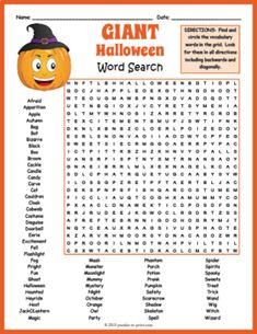 a halloween word search page with an orange pumpkin