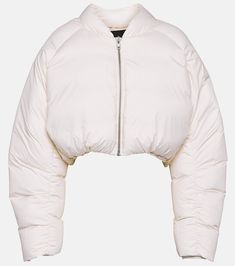 Cropped Down Jacket in White - Entire Studios | Mytheresa White Puffer Jacket Cropped, Spring Nylon Puffer Jacket For Streetwear, Winter White Nylon Puffer Outerwear, Long Sleeve Nylon Puffer Jacket With Zipper Closure, Nylon Puffer Jacket With Zipper Closure, Casual Fitted Duck Down Puffer Jacket, Fitted Duck Down Puffer Jacket, Spring Down Puffer Jacket With Padded Collar, Fitted Duck Down Puffer Jacket With Long Sleeves