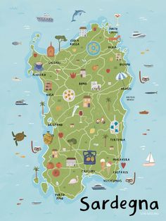 an illustrated map of sardegna, italy with all the main attractions and places to see