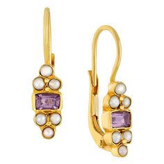 Cultured pearls attend a faceted amethyst in this classy hand made design. 24k gold vermeil (gold over sterling silver) settings, with European lever-backs for pierced ears. Size: 7/8 Inch.  Also available in emerald, iolite, cubic zirconia and peridot. Gold Pearl Earrings With Gemstone For Formal Occasions, Formal Gold Pearl Earrings With Gemstone, Gold Pearl Earrings With Gemstones For Formal Events, Classic Gold Pearl Earrings With Gemstone, Yellow Gold Pearl Earrings With Gemstone For Gift, Gold Pearl Gemstone Earrings For Anniversary, Gift Yellow Gold Pearl Earrings With Gemstone, Anniversary Yellow Gold Pearl Gemstone Earrings, Elegant Amethyst Pearl Drop Earrings