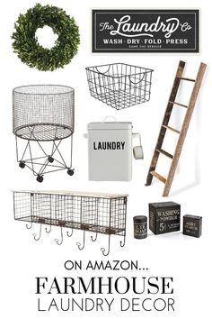 the laundry room is organized with baskets, ladders and other items to make it look like