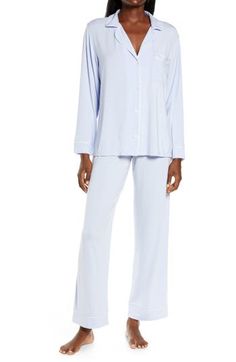 A caress-worthy knit lends alluring drape to the simple lines of boyfriend-inspired pajamas. 27" top length; 31" inseam; 19" leg opening; 9" front rise; 11" back rise (size Medium). Top has front button closure; chest patch pocket. Pants have elastic waist. Viscose/spandex or modal/spandex. Hand wash cold, dry flat. By Eberjey; imported. Lingerie. Latinx Owned and Founded Knit Pajamas, Pocket Pants, Simple Lines, Knit Jersey, Patch Pocket, White Jeans, Elastic Waist, Pajamas, Jumpsuit