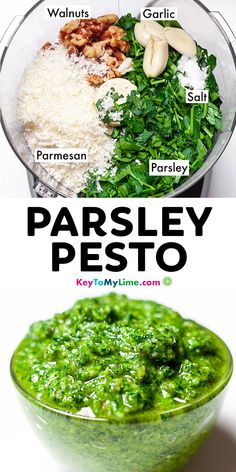 the ingredients for parsley pesto in a glass bowl and an image of parsley pesto