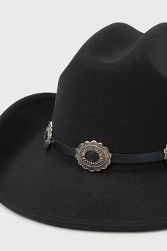 Show up to any festival this season like a total cowgirl cutie with the Lulus Wild West Wonder Black Conch Cowboy Hat! This rodeo-ready hat has a sturdy felt construction that shapes a dramatic flipped-up brim and a classic pinched top. A matching, smooth faux leather band features silver metal conch embellishments that complete the Western-style look! 3. 25" soft brim. 25" interior circumference with internal drawstring. Crown measures 4. 25" tall. 90% Polyester, 10% Alloy. Imported. Lulus | Wild West Wonder Black Conch Cowboy Hat. Felt Cowboy Hat, Felt Cowboy Hats, Cowboy Hat, Show Up, Conch, Western Style, Wild West, Leather Band, Western Fashion