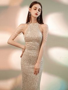 Mermaid / Trumpet Evening Gown Sparkle Dress Party Wear Floor Length Sleeveless Halter Sequined with Beading Sequin Sparkle Dress Party, Shoulder Beads, Trumpet Prom Dress, Lace Outfits, Dress Party Wear, Dress Sleeve Length, Sequin Evening Dresses, Designer Evening Dresses, 20s Fashion