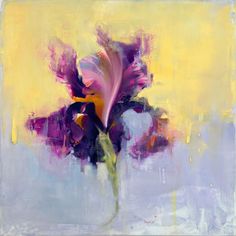 a painting of a purple flower on a yellow background