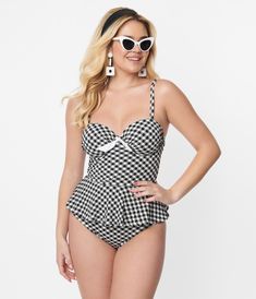 Unique Vintage Black & White Gingham Daphne Swim Bottoms Peplum Tankini, Dita Von Teese Lingerie, Plus Size Tights, Seersucker Fabric, Vintage Swim, Black And White Gingham, Fredericks Of Hollywood, Tankini Swim Tops, Swim Tankini