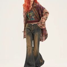 Z-218-15 Shibuya Kei Fashion, 일본 패션, Mia 3, Plaid Blouse, Cool Fits, Art References, Flared Jeans, Blouse Fabric, Character Outfits