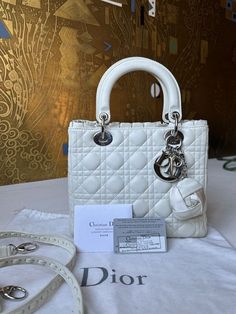 Lady Dior Medium Lambskin Cannage Ruffle Trim Off White Christian Dior Bag Lady Dior, Lady Dior Medium, Christian Dior Bag, Dior Model, Colorful Handbags, Popular Handbags, Womens Designer Bags, Luxury Purses, Best Handbags