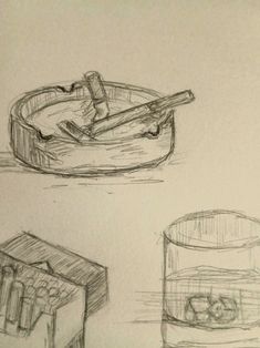 three drawings of food items on a table