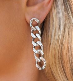 Silver Plated Textured Curb Chain Link Earrings Length of Earrings: approx. 2 inches Modern Drop Earrings With Silver Chain, Modern Silver Chain Drop Earrings, Modern Silver Chain Earrings, Metal Chain Drop Earrings, Sterling Silver Chain Drop Earrings, Silver Chain Link Jewelry For Party, Formal Chain Metal Earrings, Elegant Sterling Silver Link Earrings, White Gold Chain Earrings As Gift