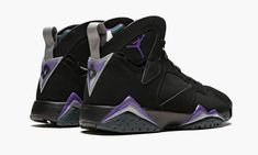 The Air Jordan 7 “Ray Allen” is a special edition of the classic Jordan sneaker modeled after an original player exclusive colorway for Ray Allen during his days playing with the Milwaukee Bucks.  The Jordan 7’s sleek silhouette is featured in the former team colors of the Bucks from the 1990s and early 2000s, built in black Durabuck with purple, dark green, silver, and white accents.  The distinct outsole design of the Jordan 7 features the same colors, with translucent rubber for the green por Jordan Retro 7, Ray Allen, All Jordans, Retro 7, Jordan Sneaker, Pretty Shoes Sneakers, Jordan Shoes Retro, A Hat In Time, Jordan 7