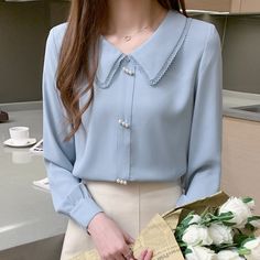 LANFUBEISI 2021 fall women's chiffon shirt sweet lace trim peter pan c Vintage Baby Girl Clothes, Pan Collar Blouse, Ladies Chiffon Shirts, Elegant Plus Size, Peter Pan Collar Blouse, Blouse Long Sleeve, Autumn Clothes, Chiffon Shirt, Collar Blouse