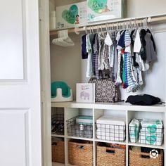 Cube storage and baskets to organize a nursery closet. Baby Storage Closet, Nursery Closet Decor, Cube Organizer Nursery Closet, Baby Nursery Cube Storage, Nursery Closet Toy Storage, Cube Organizer For Nursery, Cube Storage Ideas Nursery, Closet Storage Nursery, Nursery Closet Storage Ideas