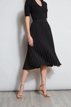 T-Tahari Pleated Midi Skirt Pleated Work Skirt, Plum Sweater, Work Skirt, Emerald Dresses, Formal Tops, Red Velvet Dress, Black Pleated Skirt, Navy Skirt, Work Skirts