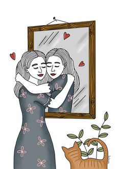 two women hugging each other in front of a mirror with hearts on it and a cat looking at them