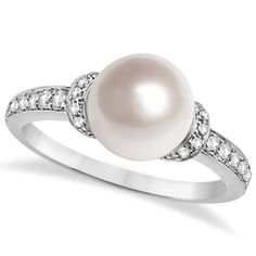 Solitaire Freshwater Cultured Pearl and Diamond Ring 0.16ctw (8mm) -Allurez.com Pearl Diamond Ring, Pearl And Diamond Ring, Diamond Fashion Rings, White Diamond Ring, Radiant Diamond, Gold Band Ring, Diamond Drops, Gemstone Necklace Pendant, Pearl Diamond