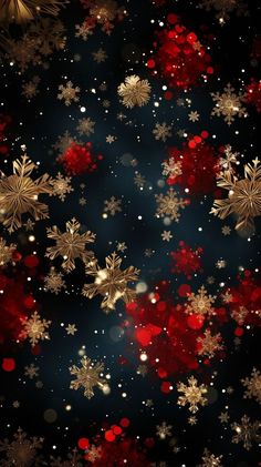 snowflakes and glitters on a black background with red and gold stars in the middle