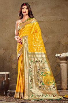 Product Features: Saree: Saree as seen in picture - Choose the drape style while order: Standard, Pleated or Gujarati Saree Color: Yellow Saree Fabric: Paithani Silk Blouse: Please choose the selection "As seen in picture" or customize your selection Blouse Color: Green Blouse Fabric: Paithani Silk Wash: Dry Clean Occasion: Festive Disclaimer: There will be slight difference in digital to actual image Yellow Paithani, Saree For Engagement, Tassels Saree, One Minute Saree, Silk Weaving, Yellow Saree, Traditional Saree, Ready To Wear Saree, Art Silk Sarees