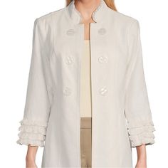 Ruffle Trim On Sleeve And Ruffle Hem Bottom Front Easter Jacket Linen Blend Gorgeous Feminine And Flattering Women's Coats And Jackets, Coats And Jackets, Women's Coats, Jacket Buttons, Dillard's, Petite Size, Fashion Labels, Outerwear Women, White Linen