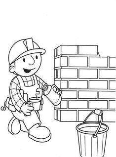 a coloring page with a construction worker holding a bucket and a brick wall in the background